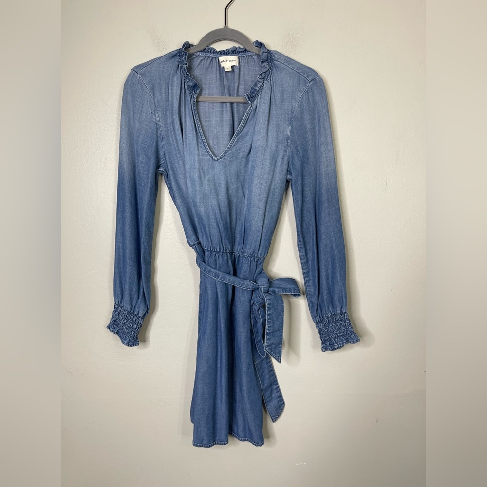 Cloth & Stone NWOT Anthropologie Chambray Tencel Ruffle Neck Mini Dress SZ S - Picture 3 of 12